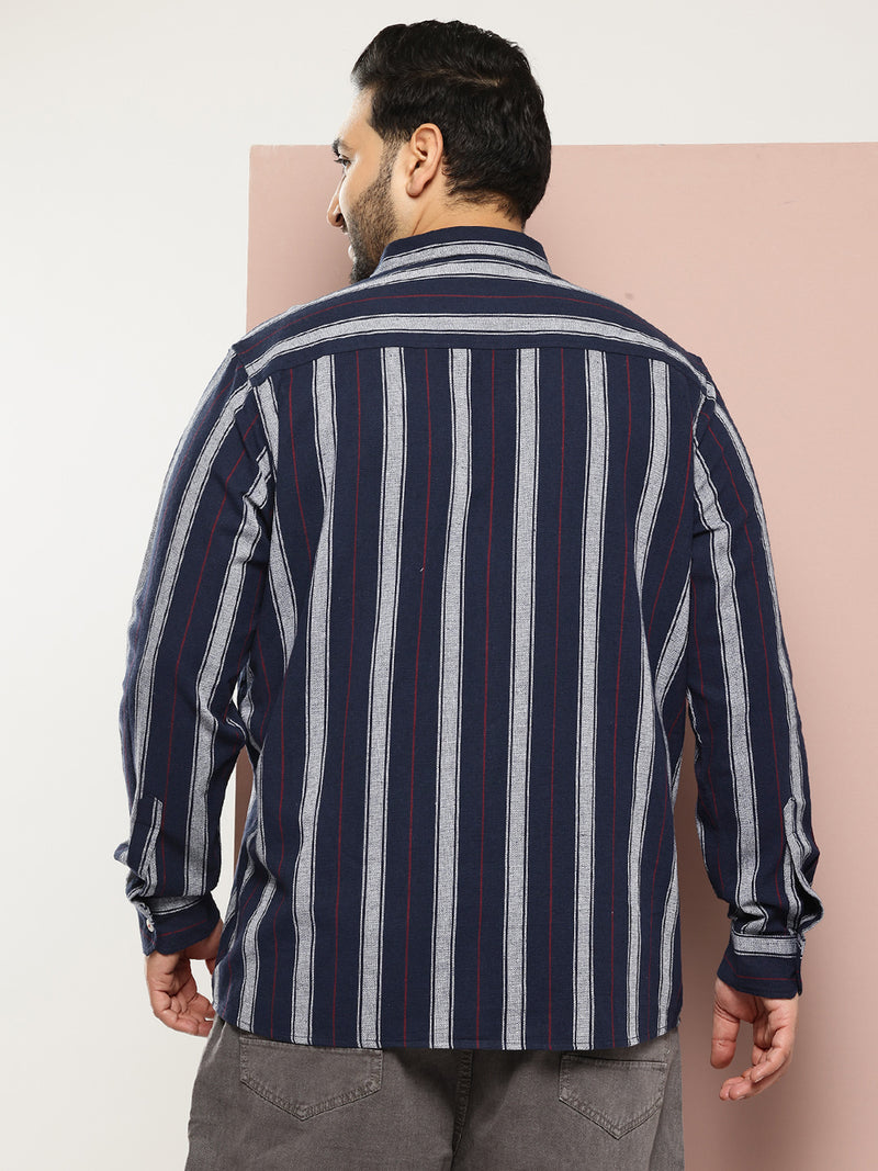 Thomas Scott Men Navy Plus Size Regular Fit Long Sleeves Spread Collar Verticle Stripes 100% Cotton Casual Shirt