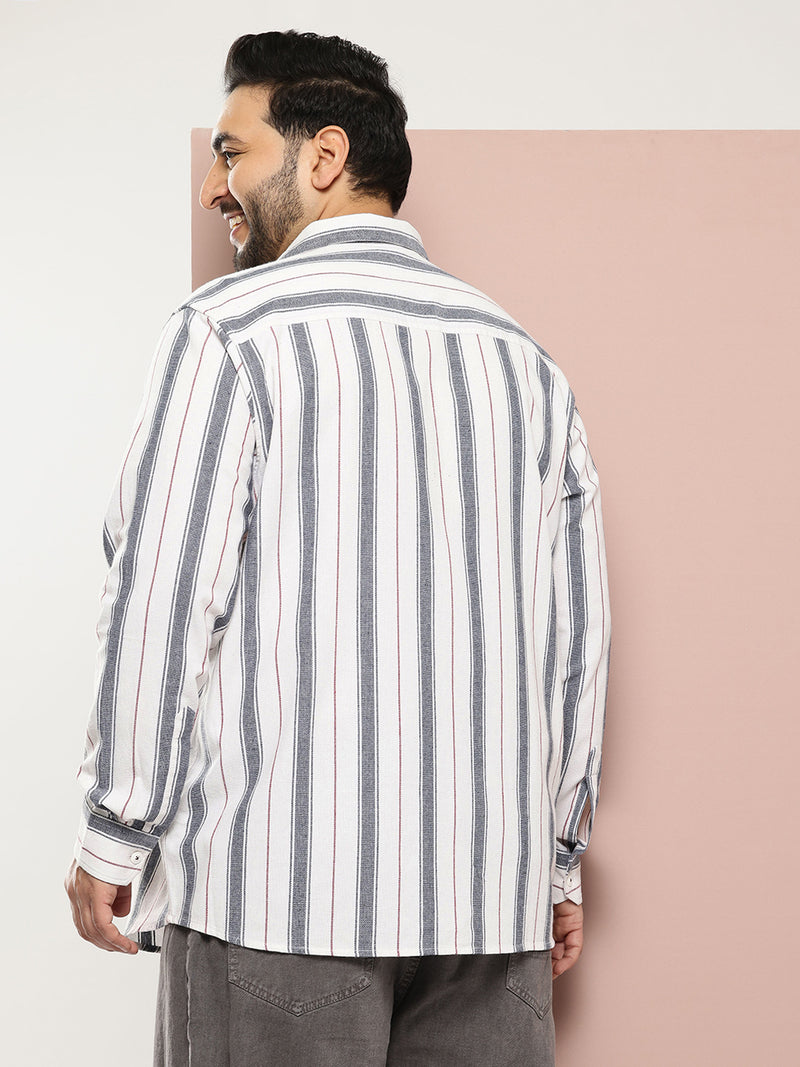 Thomas Scott Men White Plus Size Regular Fit Long Sleeves Spread Collar Multi Striped 100% Cotton Casual Shirt