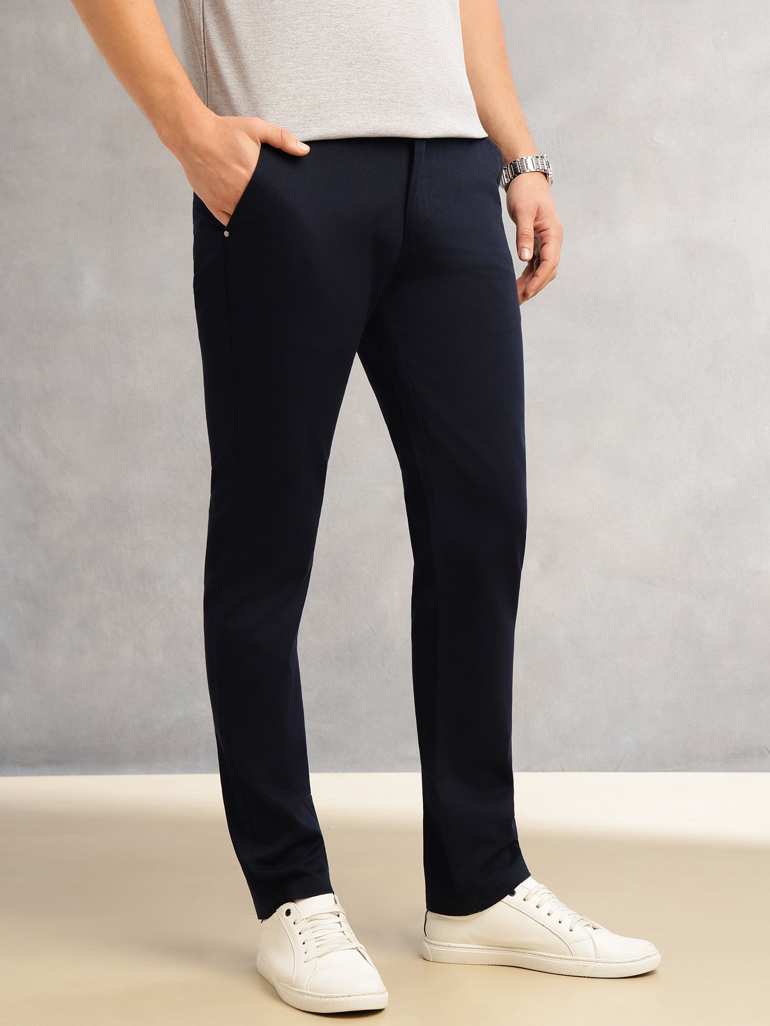 Thomas Scott Men Navy Cricket Club Collection Regular Fit Mid-Rise Solid 4 Pockets Woven Chinos Trouser