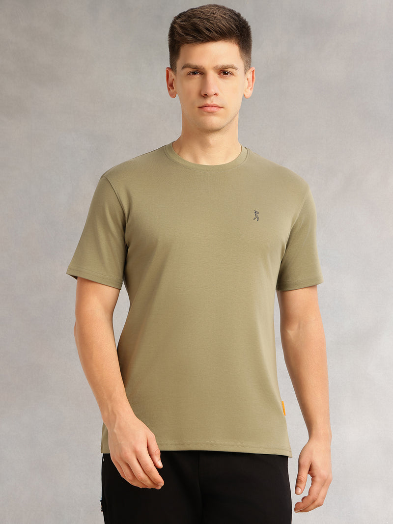 Thomas Scott Men Olive Cricket Club Collection Regular Fit Short Sleeves Round Neck Solid 100% Cotton Knitted Tshirt