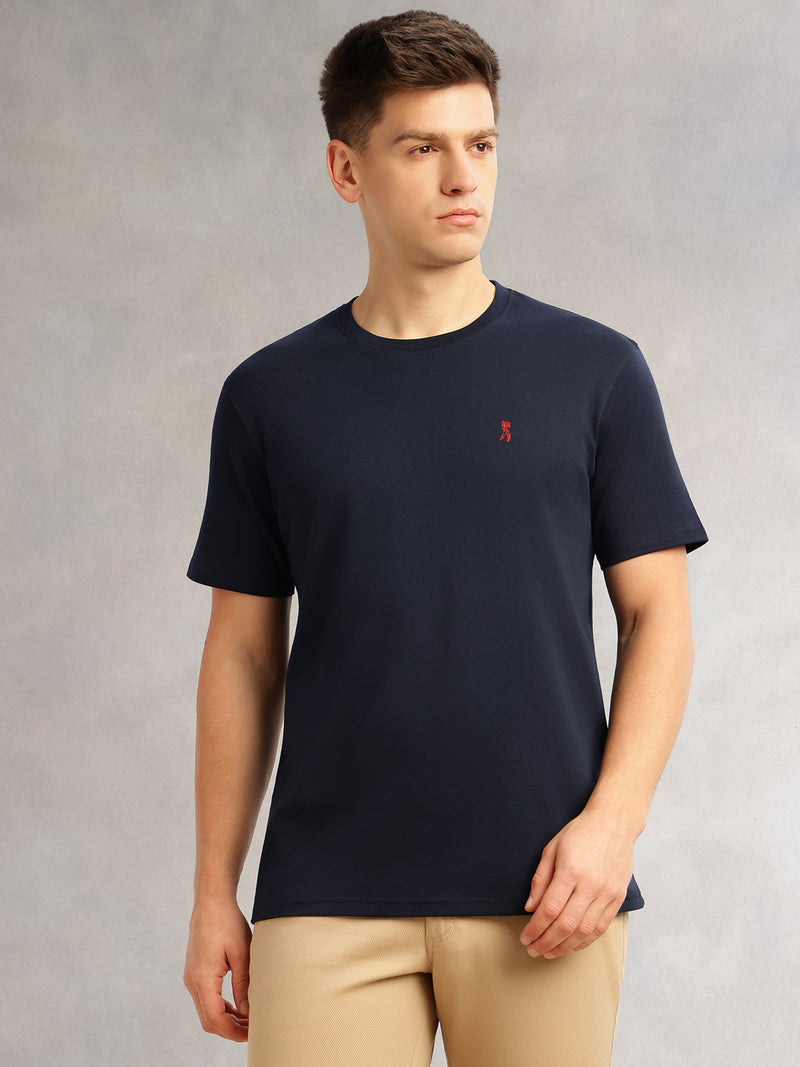 Thomas Scott Men Navy Cricket Club Collection Regular Fit Short Sleeves Round Neck Solid 100% Cotton Knitted Tshirt