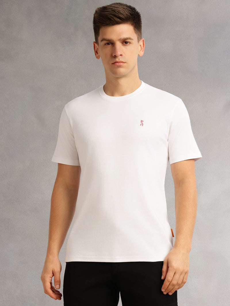 Thomas Scott Men White Cricket Club Collection Regular Fit Short Sleeves Round Neck Solid 100% Cotton Knitted Tshirt