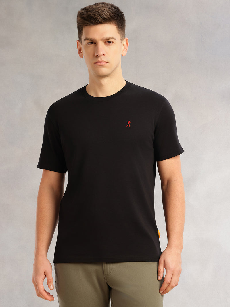 Thomas Scott Men Black Cricket Club Collection Regular Fit Short Sleeves Round Neck Solid 100% Cotton Knitted Tshirt