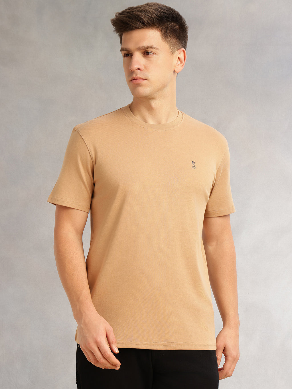 Thomas Scott Men Beige Cricket Club Collection Regular Fit Short Sleeves Round Neck Solid 100% Cotton Knitted Tshirt