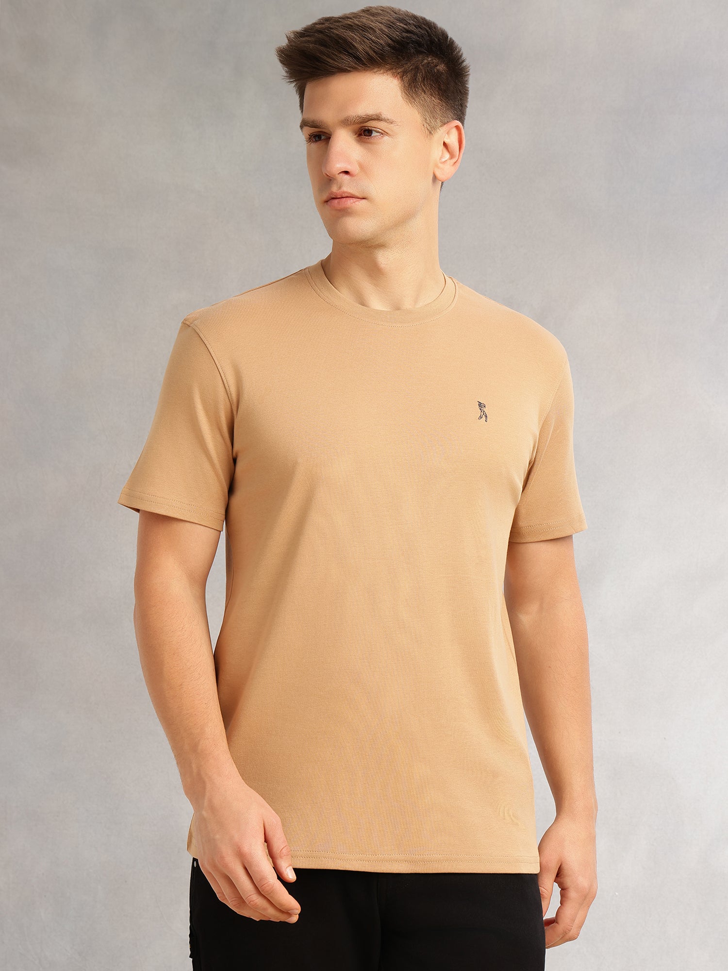Thomas Scott Men Beige Cricket Club Collection Regular Fit Short Sleeves Round Neck Solid 100% Cotton Knitted Tshirt