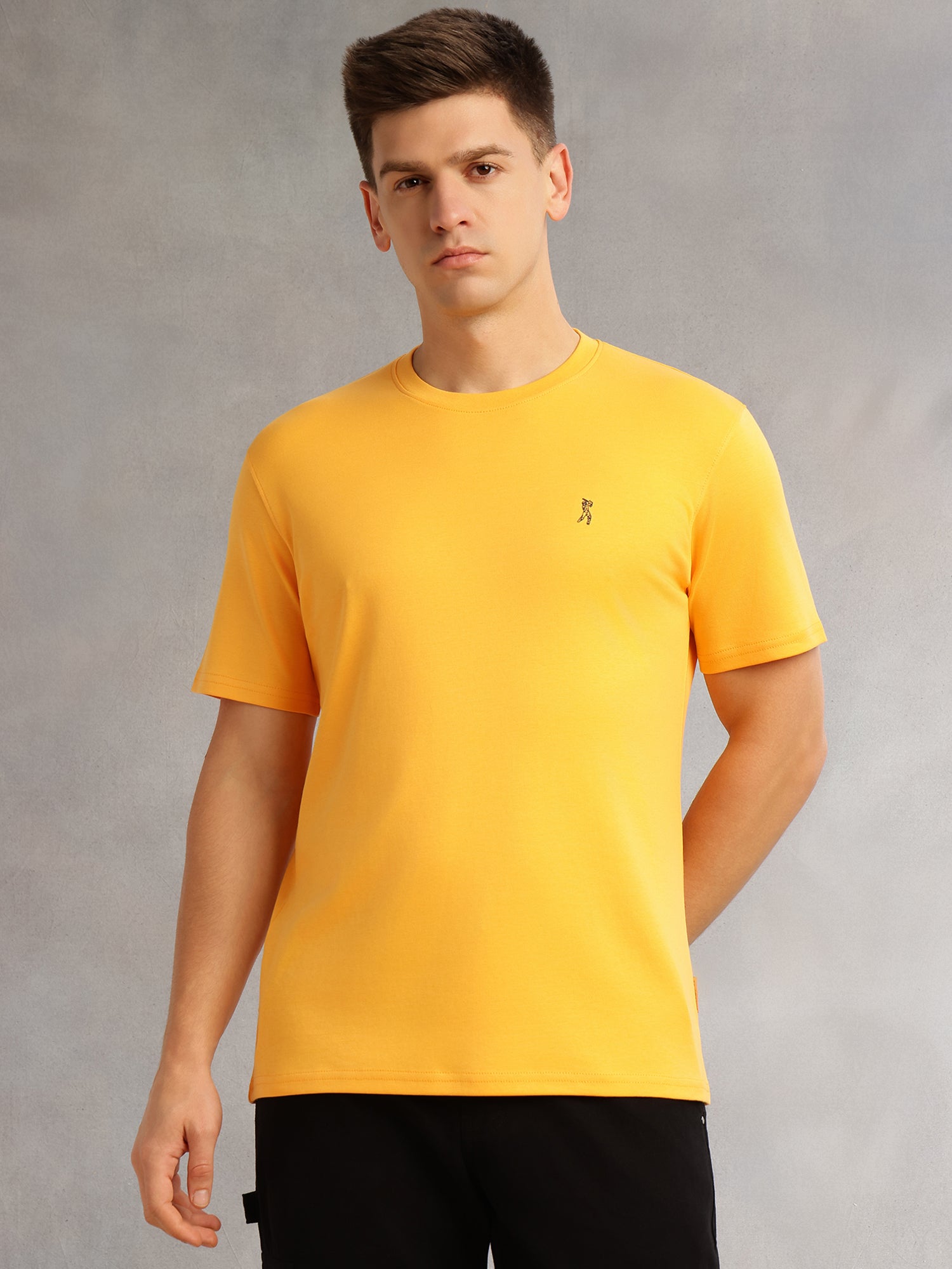 Thomas Scott Men Yellow Cricket Club Collection Regular Fit Short Sleeves Round Neck Solid 100% Cotton Knitted Tshirt