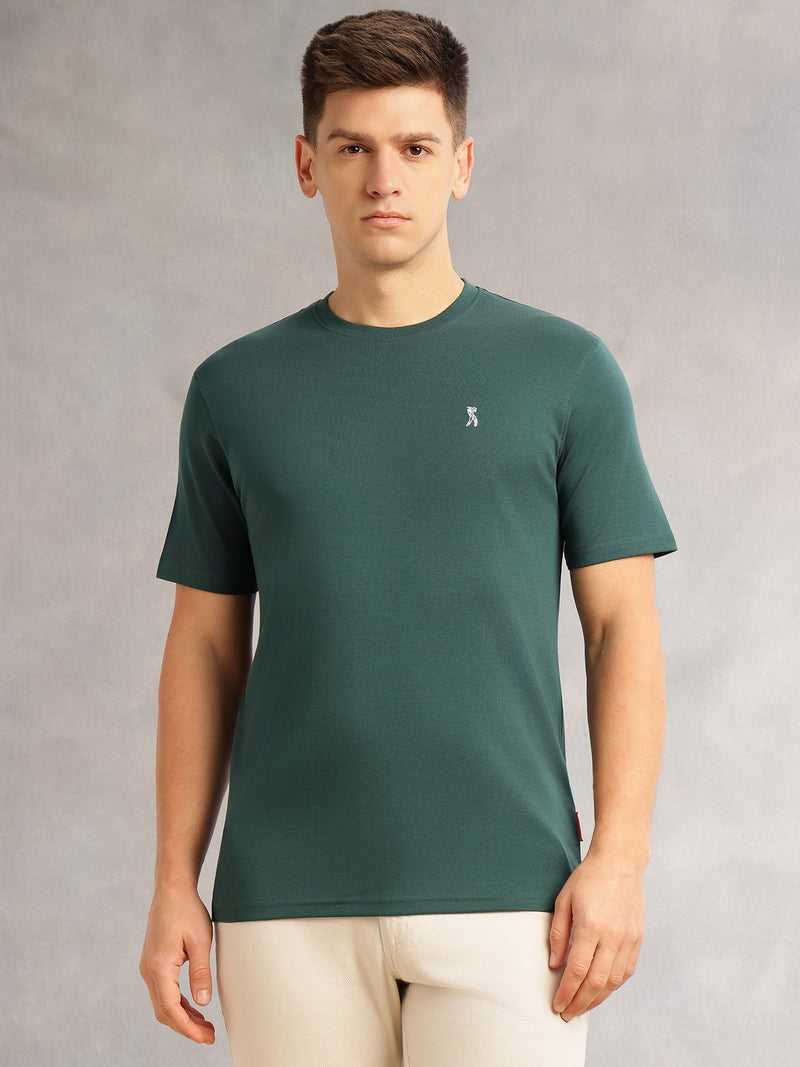 Thomas Scott Men Green Cricket Club Collection Regular Fit Short Sleeves Round Neck Solid 100% Cotton Knitted Tshirt