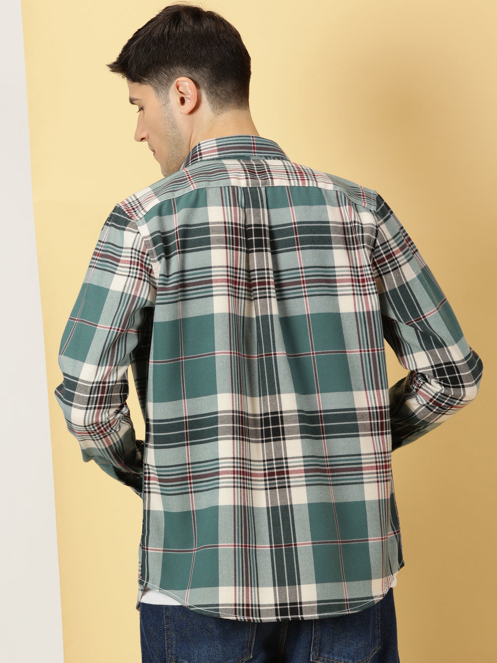Thomas Scott Men Green Regular Fit Long Sleeves Spread Collar Tartan Checks Double Pocket Knitted Casual Shirt