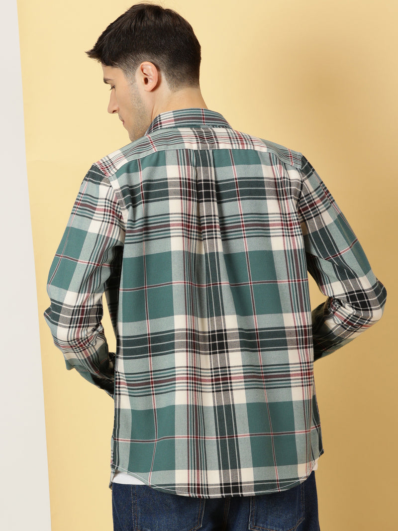Thomas Scott Men Green Regular Fit Long Sleeves Spread Collar Tartan Checks Double Pocket Knitted Casual Shirt