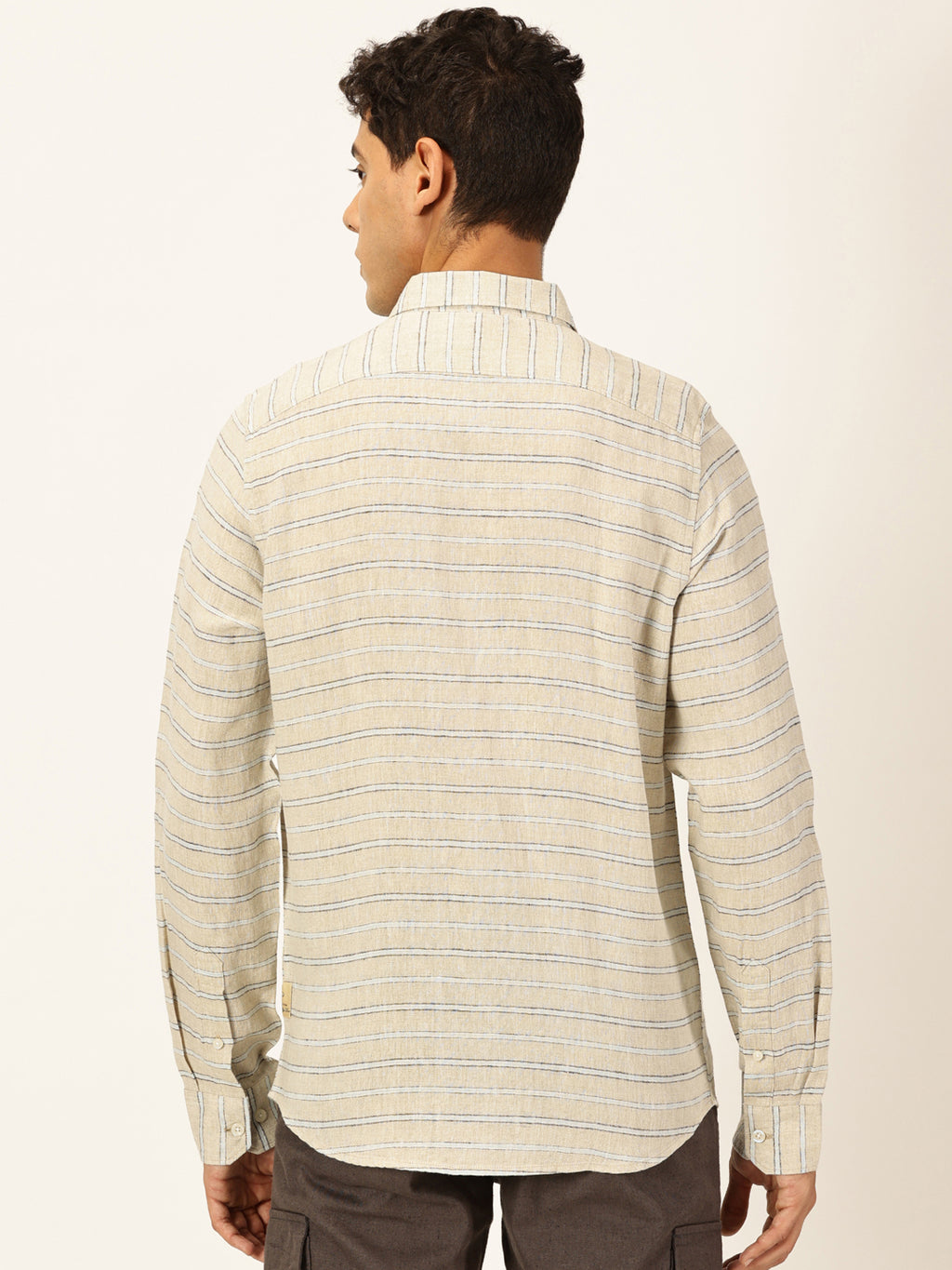 Thomas Scott Men Beige Long Sleeves Slim Fit Spread Collar Horizontal Stripes Linen Casual Shirt