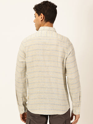 Thomas Scott Men Beige Long Sleeves Slim Fit Spread Collar Horizontal Stripes Linen Casual Shirt