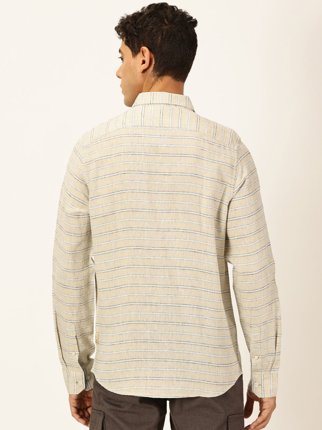 Thomas Scott Men Beige Long Sleeves Slim Fit Spread Collar Horizontal Stripes Linen Casual Shirt