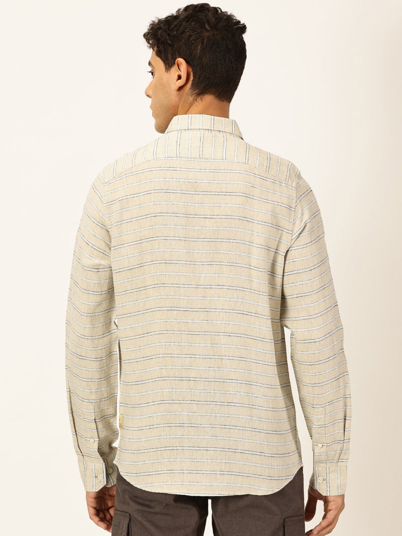 Thomas Scott Men Beige Long Sleeves Slim Fit Spread Collar Horizontal Stripes Linen Casual Shirt