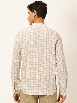 Thomas Scott Men Beige Long Sleeves Slim Fit Mandarin Collar Grid Tattersall Checks Linen Casual Shirt