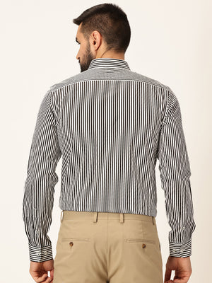Thomas Scott Men Black Long Sleeves Regular Fit Button-Down Collar Vertical Stripes 100% Cotton Formal Shirt