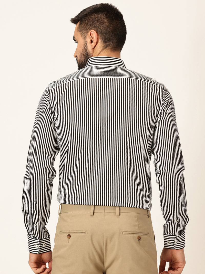 Thomas Scott Men Black Long Sleeves Regular Fit Button-Down Collar Vertical Stripes 100% Cotton Formal Shirt