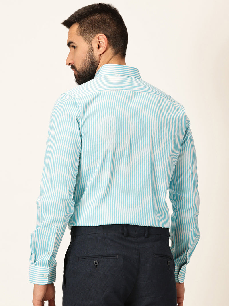 Thomas Scott Men Aqua Regular Fit Long Sleeves Button-Down Collar Pinstripes Cotton Formal Shirt