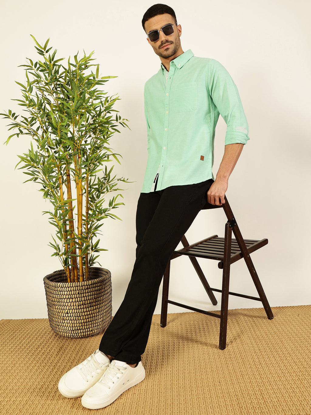 Thomas Scott Men Olive Long Sleeves Slim Fit Button-Down Collar 100% Cotton Casual Shirt