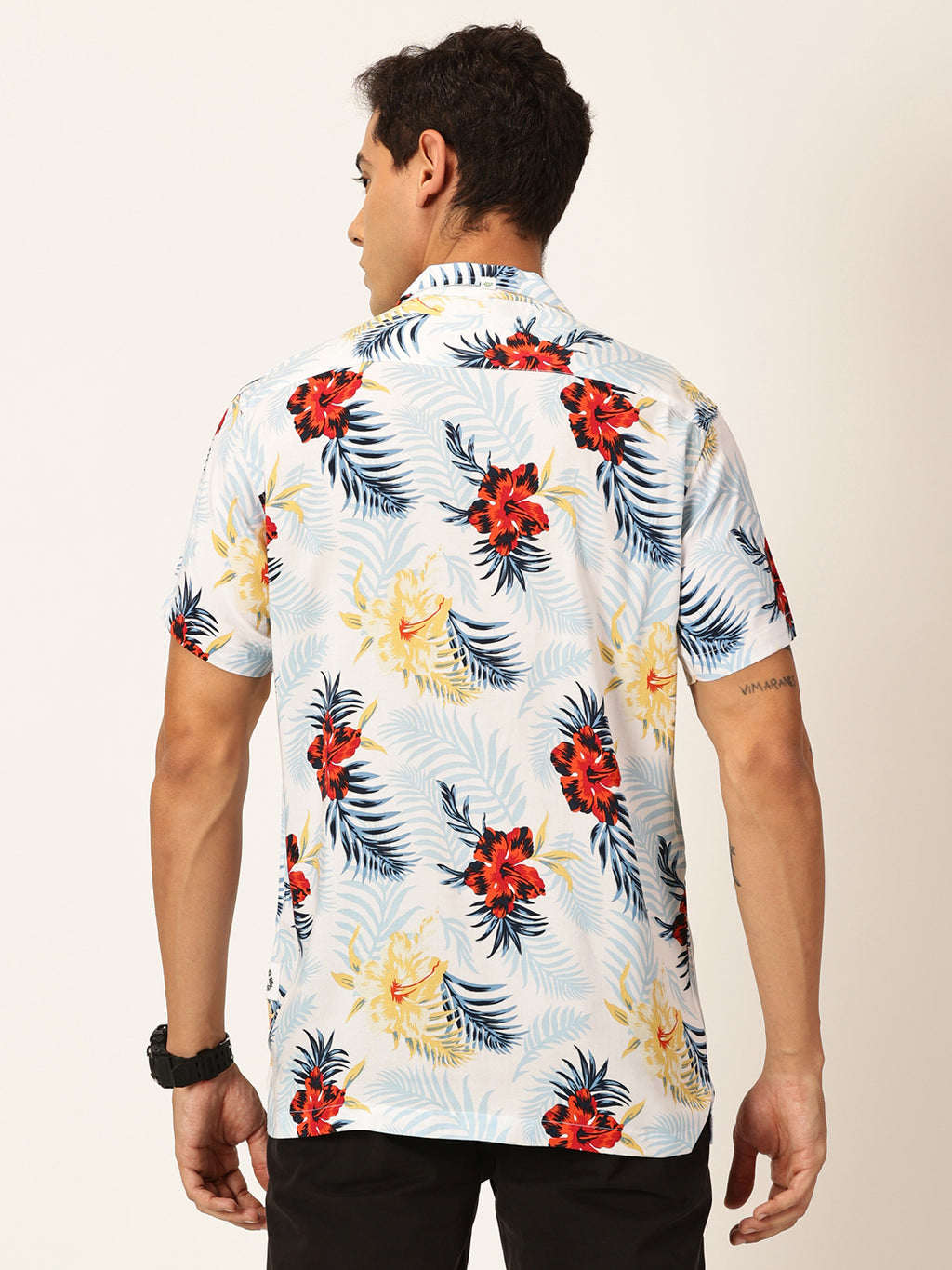 Thomas Scott Men Navy Blue Short Sleeves Slim Fit Spread Collar Floral Printed Viscose Rayon Casual Shirt