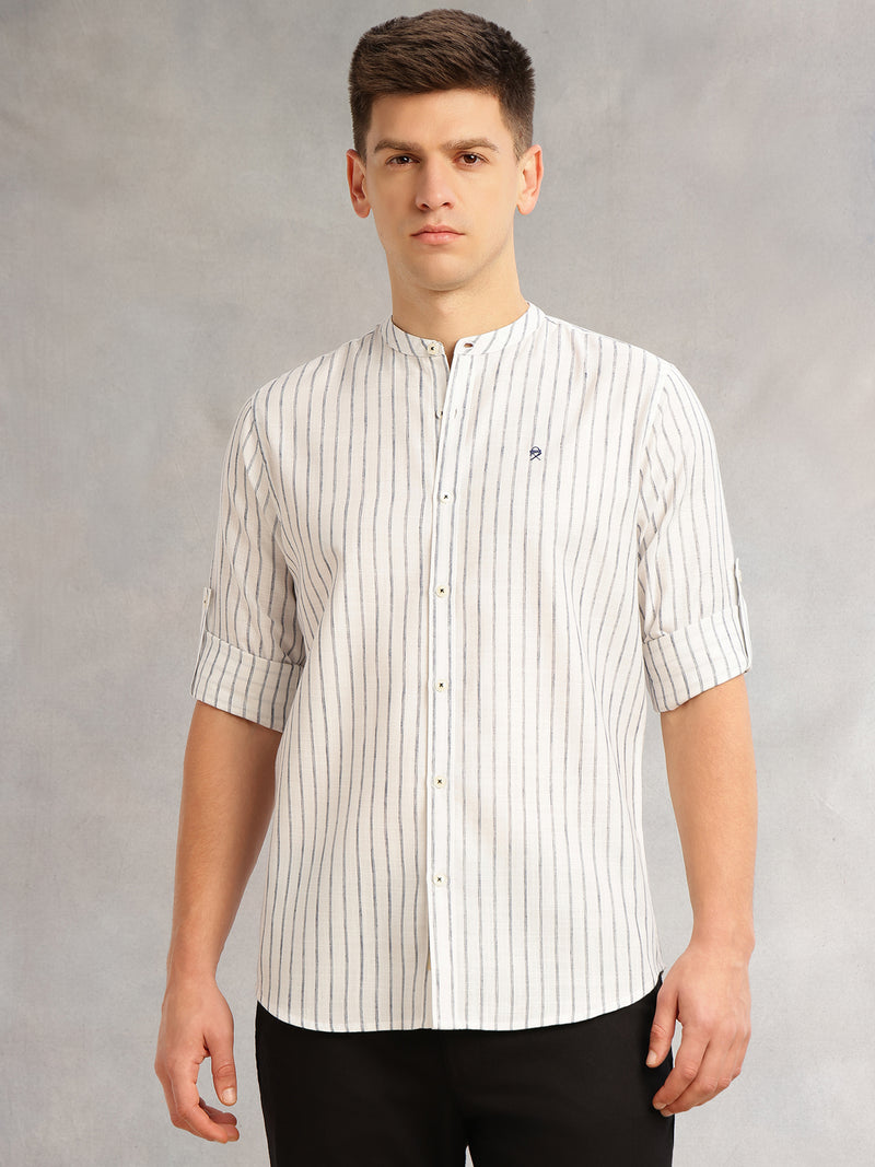 Thomas Scott Men Navy Slim Fit Three-Quarter Roll-Up Sleeves Mandarin Collar Vertical Stripes Cotton Linen Casual Shirt