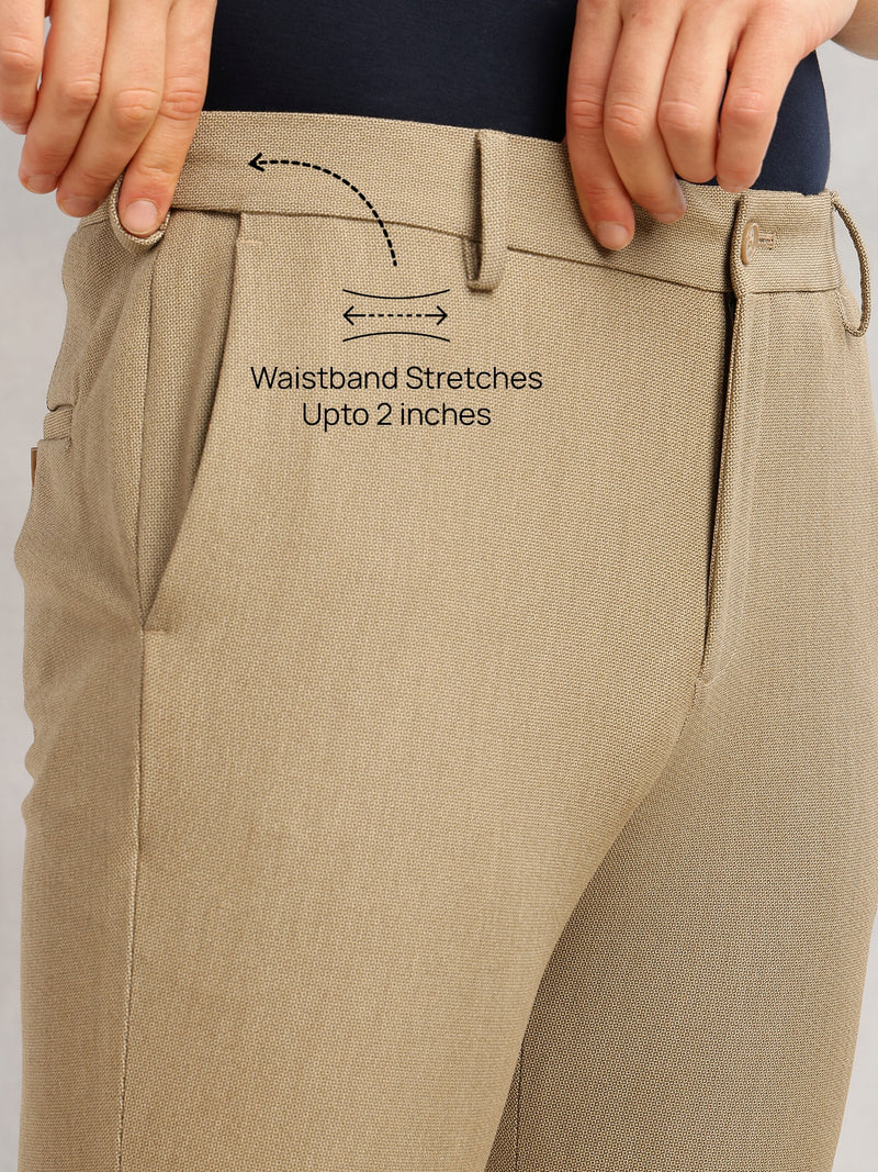 Thomas Scott Men Dark Khaki Slim Fit Mid-Rise Flexi-Waist 4-Way Stretch Solid Formal Performance Trouser