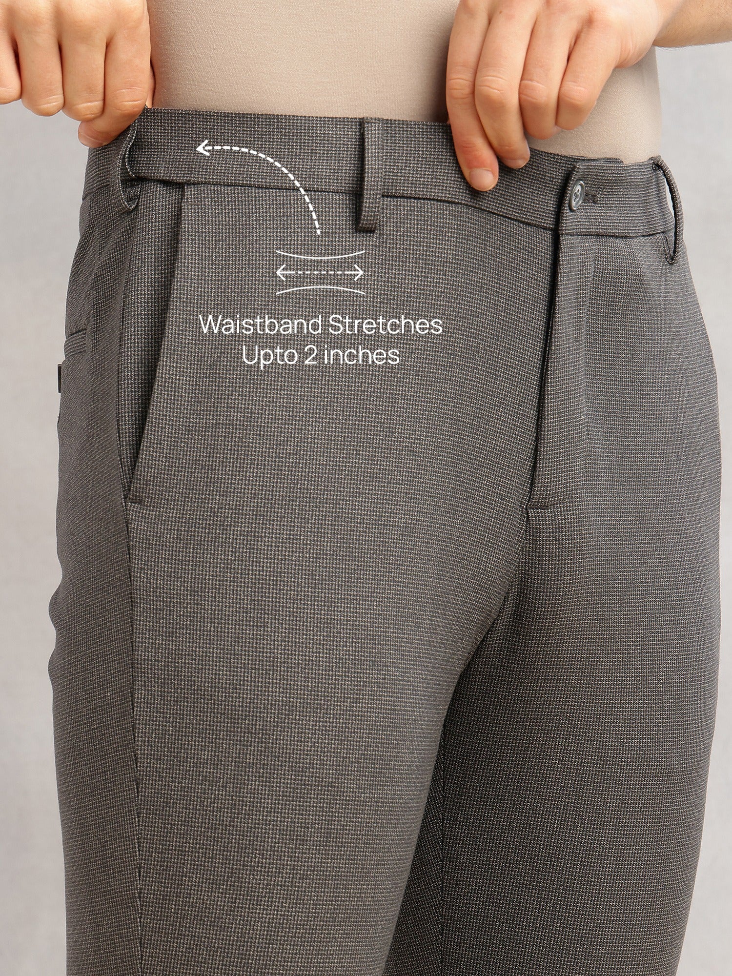 Thomas Scott Men Grey Slim Fit Mid-Rise Flexi-Waist 4-Way Stretch Solid Formal Performance Trouser