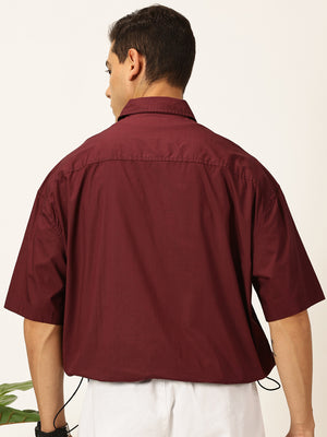 Thomas Scott Men Wine Oversized Short Sleeves Spread Collar Solid 100% Cotton Casual Shirt