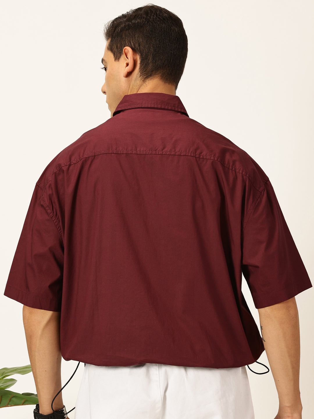 Thomas Scott Men Wine Oversized Short Sleeves Spread Collar Solid 100% Cotton Casual Shirt