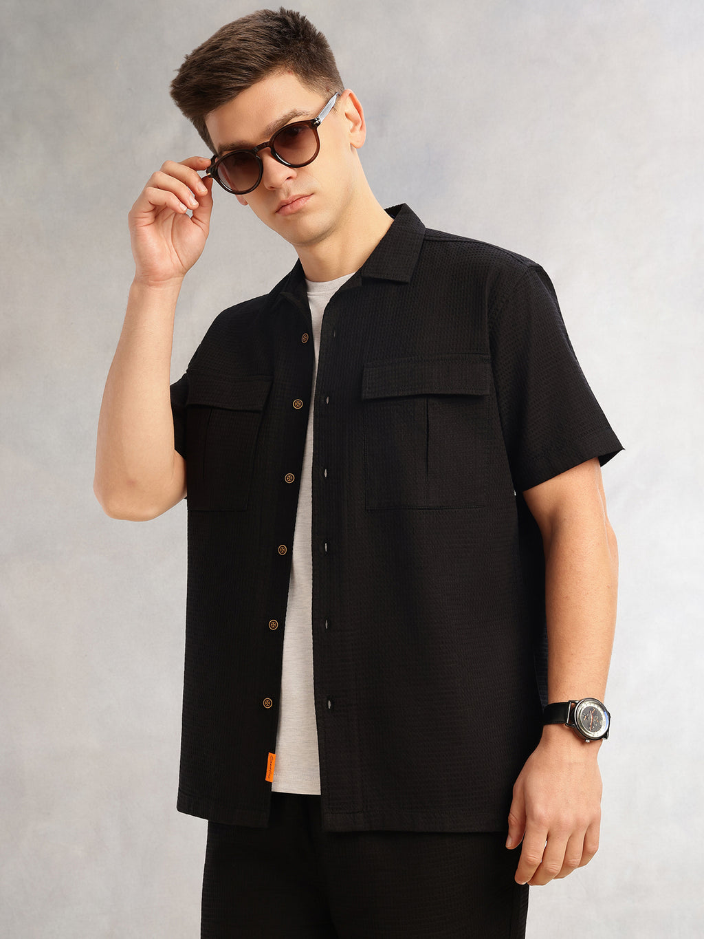 Thomas Scott Men Black Cricket Club Collection Regular Fit Short Sleeves Self Design 100% Cotton Co-Ord Set with Shirt Collar