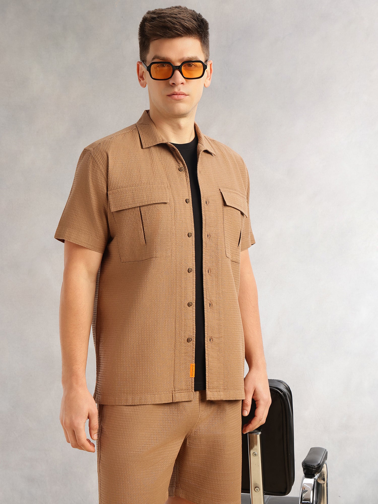 Thomas Scott Men Brown Cricket Club Collection Regular Fit Short Sleeves Self Design 100% Cotton Co-Ord Set with Shirt Collar