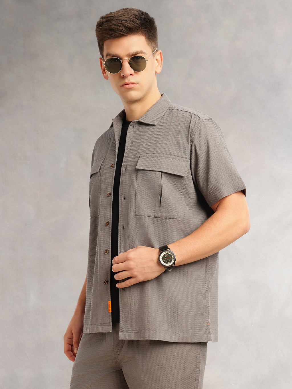 Thomas Scott Men Grey Cricket Club Collection Regular Fit Short Sleeves Self Design 100% Cotton Co-Ord Set with Shirt Collar