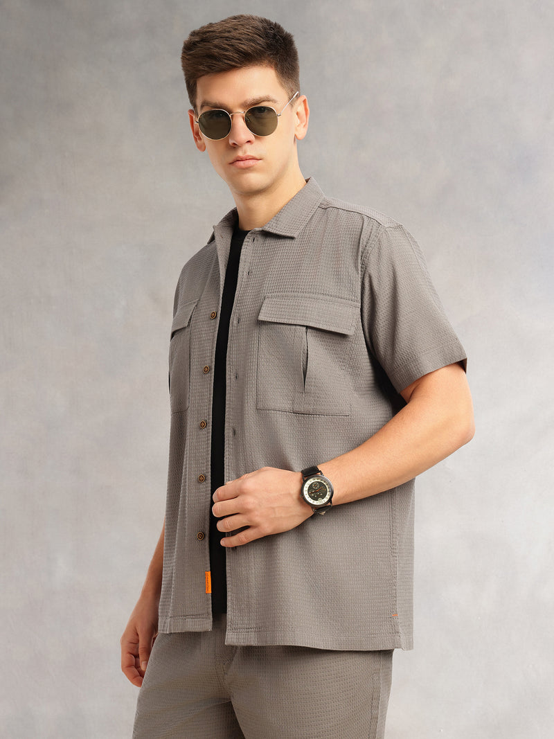 Thomas Scott Men Grey Cricket Club Collection Regular Fit Short Sleeves Self Design 100% Cotton Co-Ord Set with Shirt Collar