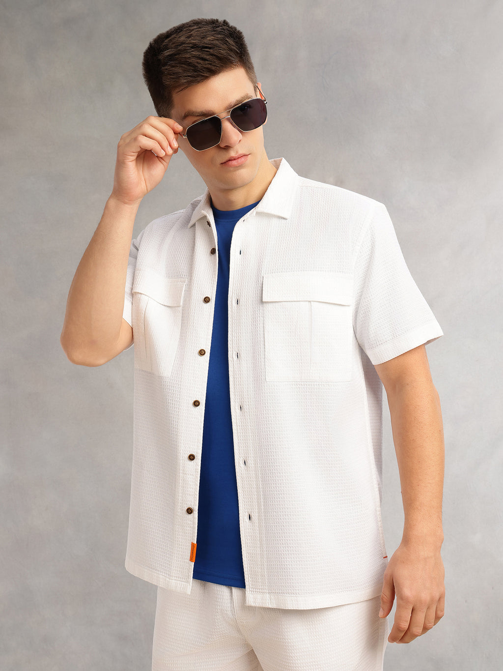 Thomas Scott Men White Cricket Club Collection Regular Fit Short Sleeves Self Design 100% Cotton Co-Ord Set with Shirt Collar