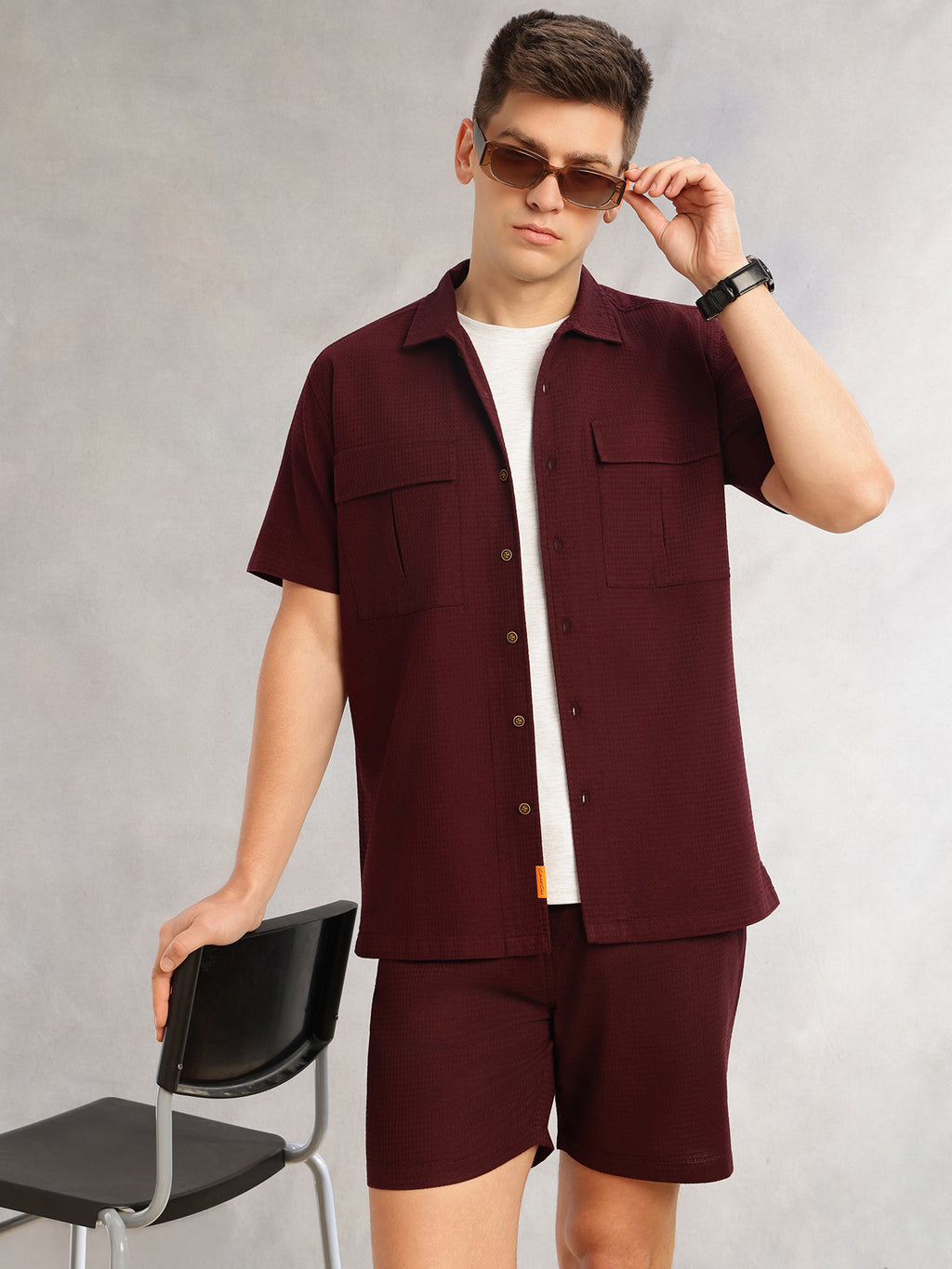 Thomas Scott Men Wine Cricket Club Collection Regular Fit Short Sleeves Self Design 100% Cotton Co-Ord Set with Shirt Collar