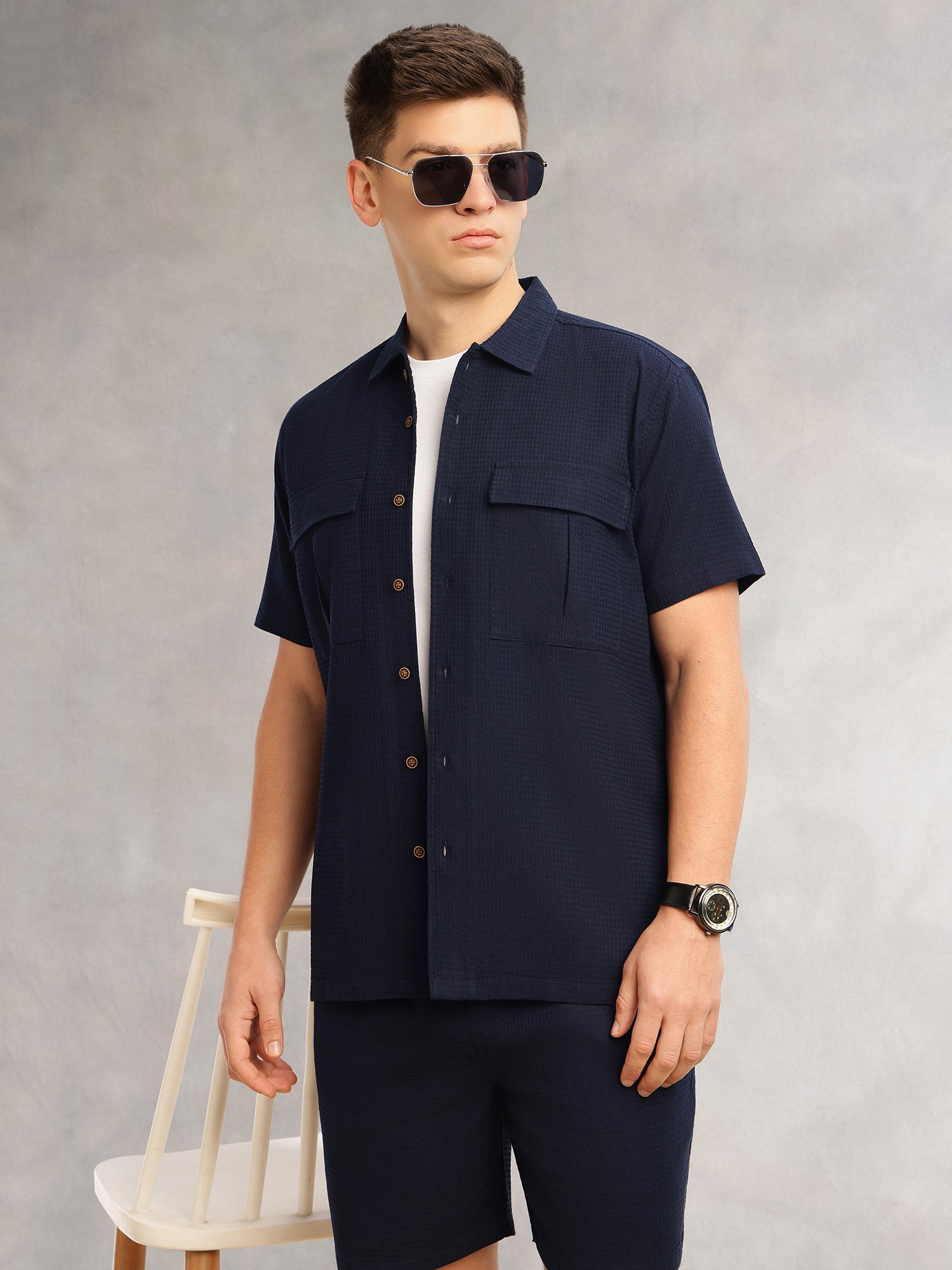 Thomas Scott Men Navy Cricket Club Collection Regular Fit Short Sleeves Self Design 100% Cotton Co-Ord Set with Shirt Collar