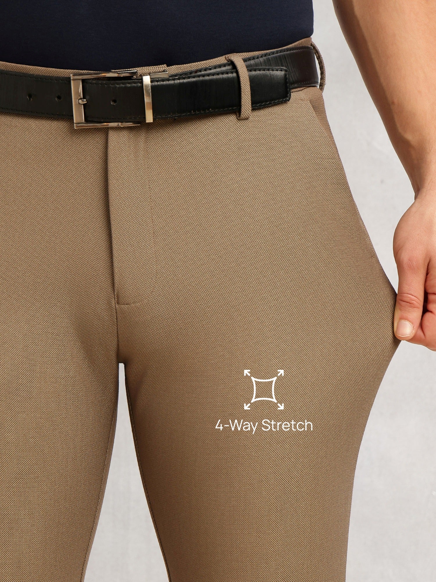 Thomas Scott Men Brown Slim Fit Mid-Rise Solid Woven Formal Trousers with Fixed Belt & 4-Way Stretch