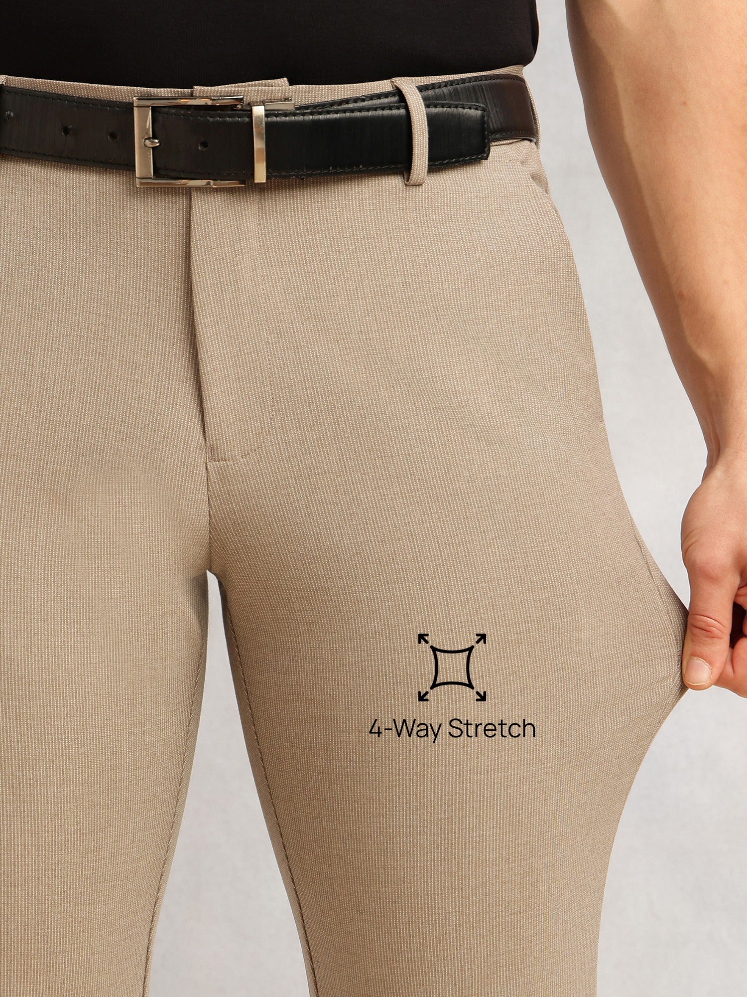 Thomas Scott Men Light Brown Slim Fit Mid-Rise Solid Woven Formal Trousers with Fixed Belt & 4-Way Stretch