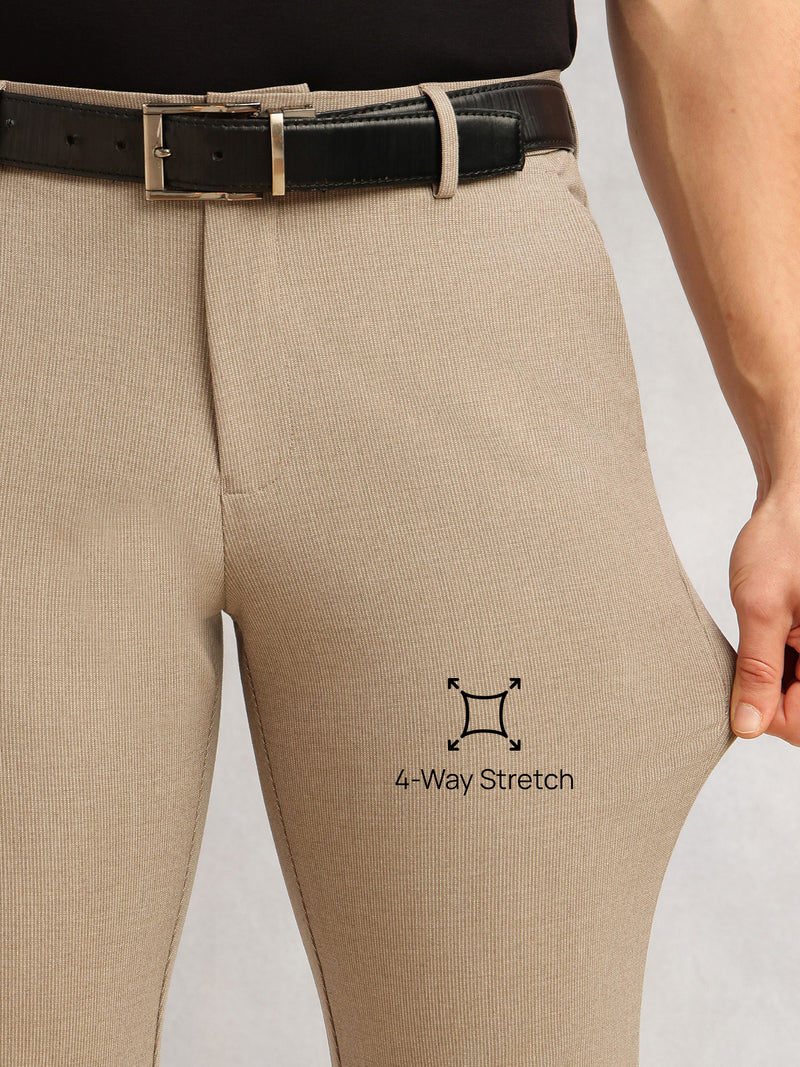 Thomas Scott Men Light Brown Slim Fit Mid-Rise Solid Woven Formal Trousers with Fixed Belt & 4-Way Stretch