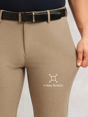 Thomas Scott Men Khaki Slim Fit Mid-Rise Solid Woven Formal Trousers with Fixed Belt & 4-Way Stretch