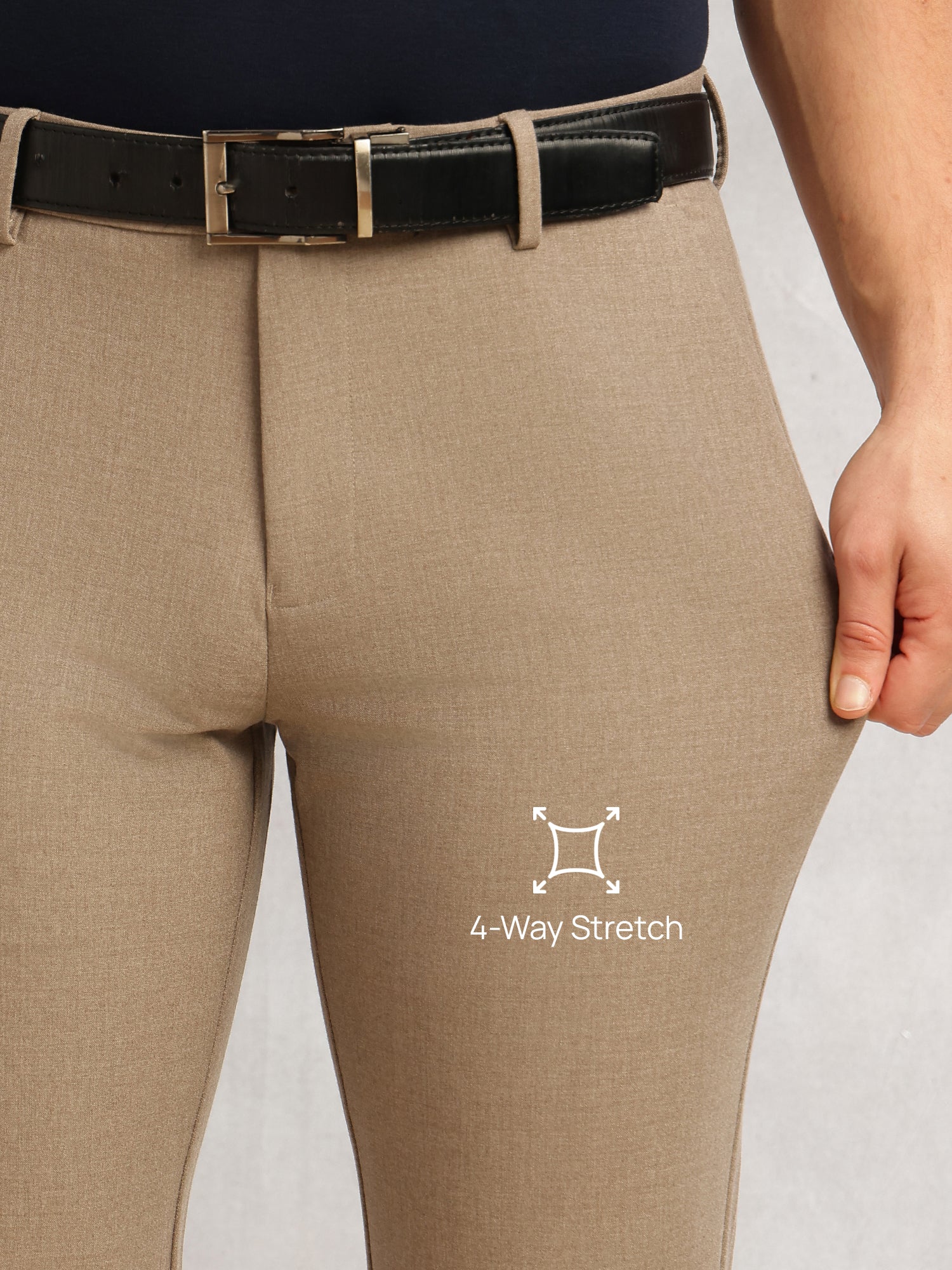 Thomas Scott Men Khaki Slim Fit Mid-Rise Solid Woven Formal Trousers with Fixed Belt & 4-Way Stretch