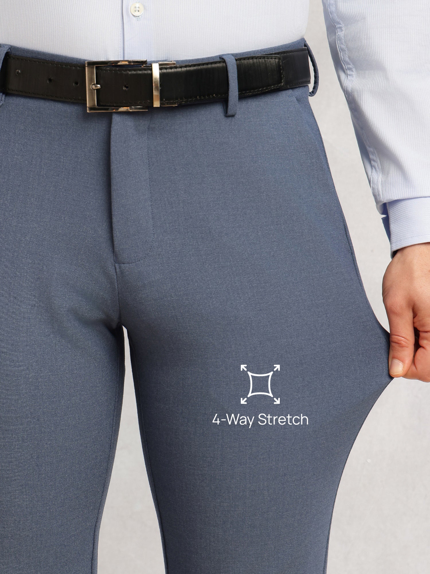 Thomas Scott Men Blue Slim Fit Mid-Rise Solid Woven Formal Trousers with Fixed Belt & 4-Way Stretch