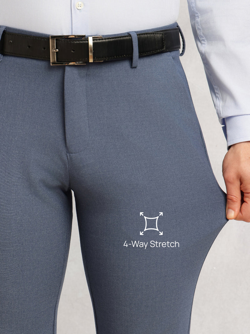 Thomas Scott Men Blue Slim Fit Mid-Rise Solid Woven Formal Trousers with Fixed Belt & 4-Way Stretch