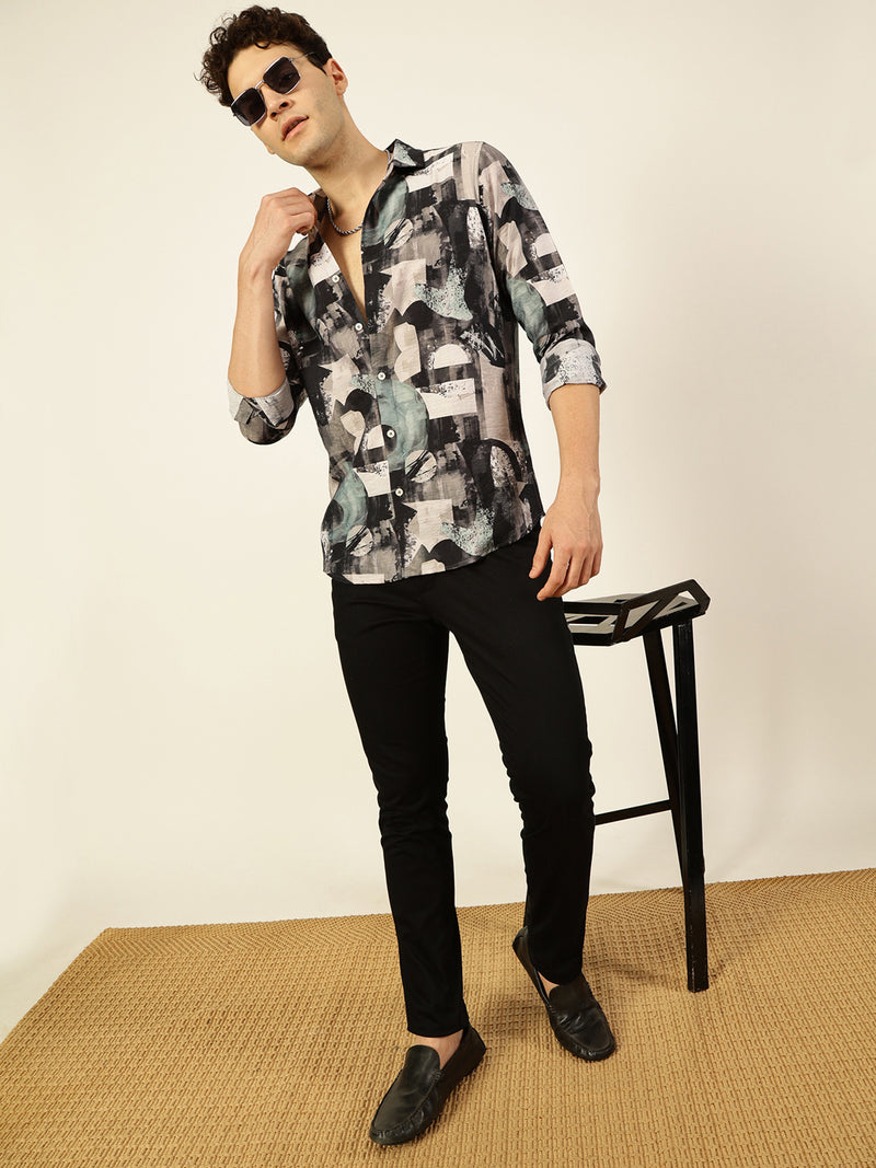 Thomas Scott Men Green Slim Fit Long Sleeves Spread Collar Abstract Printed 100% Cotton Casual Shirt