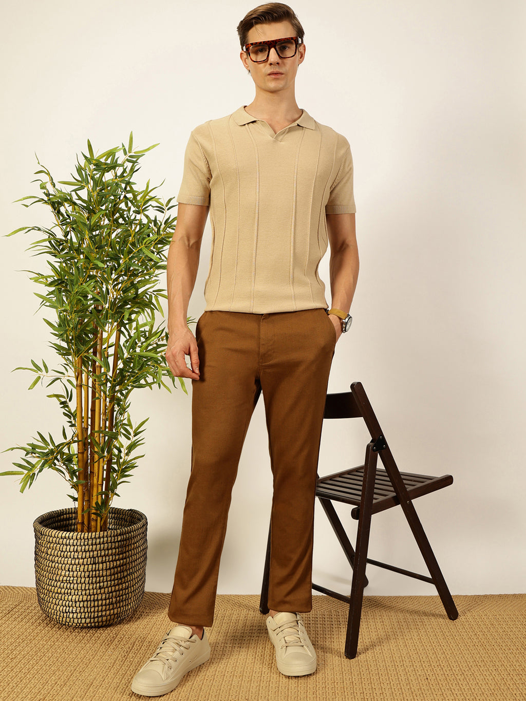 Thomas Scott Men Beige Regular Fit Short Sleeves Vertical Stripes 100% Cotton Polo Collar Knitted T-shirt