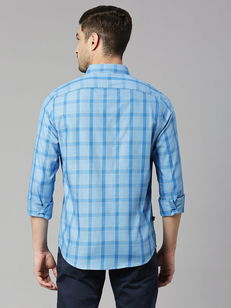 Thomas Scott Men Royal Blue Cricket Club Collection Slim Fit Long Sleeves Spread Collar Grid Tattersall Checks 100% Cotton Casual Shirt