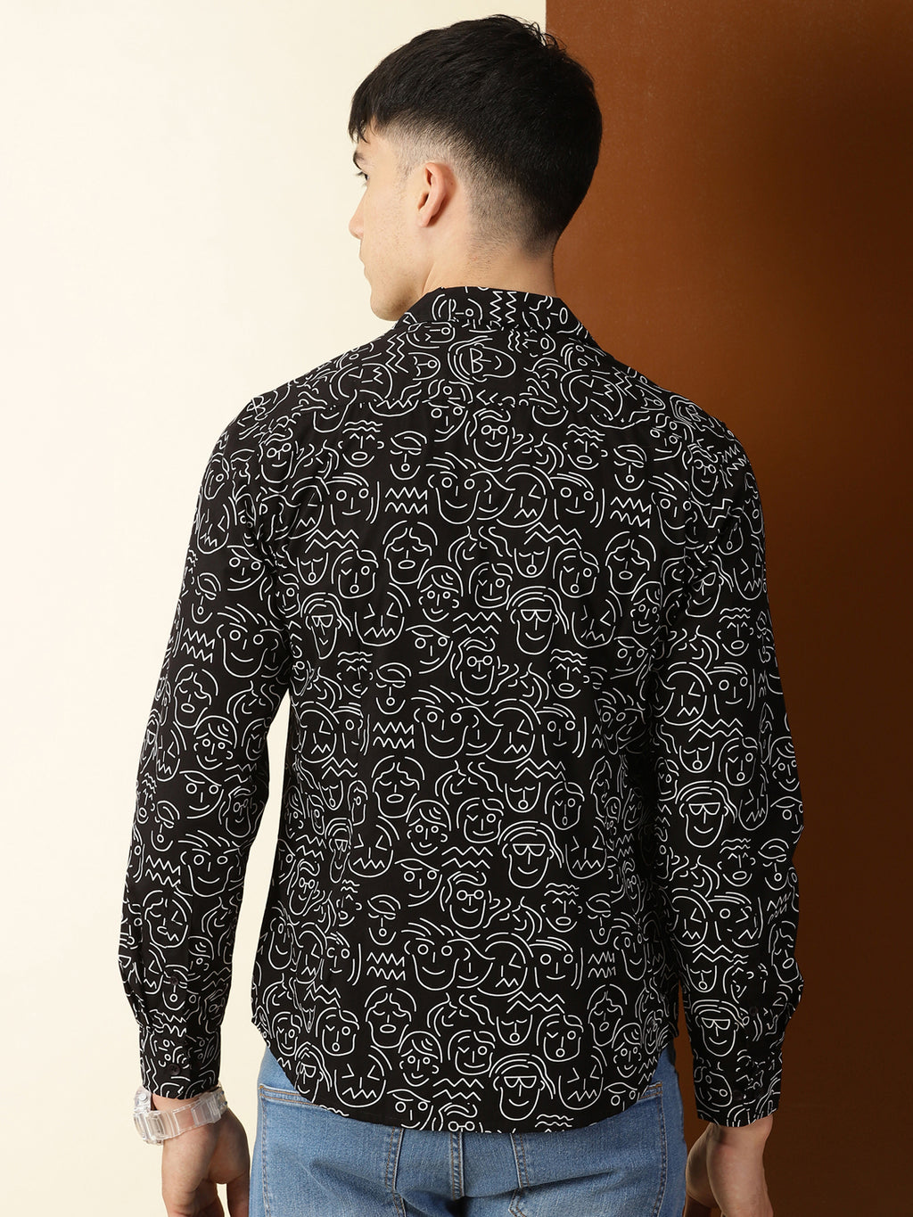 Thomas Scott Men Black Regular Fit 100% Cotton Conversational Printed Casual Shirt with Long Sleeves & Cuban Collar