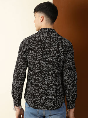 Thomas Scott Men Black Regular Fit 100% Cotton Conversational Printed Casual Shirt with Long Sleeves & Cuban Collar
