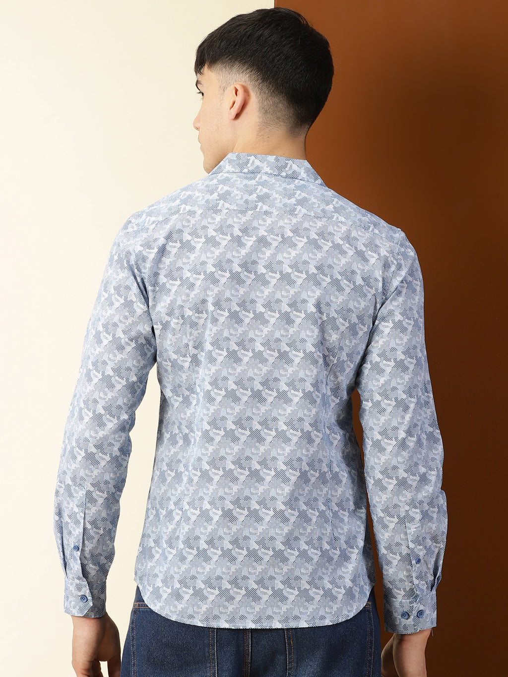 Thomas Scott Men Blue Regular Fit 100% Cotton Graphic Printed Casual Shirt with Long Sleeves & Cuban Collar