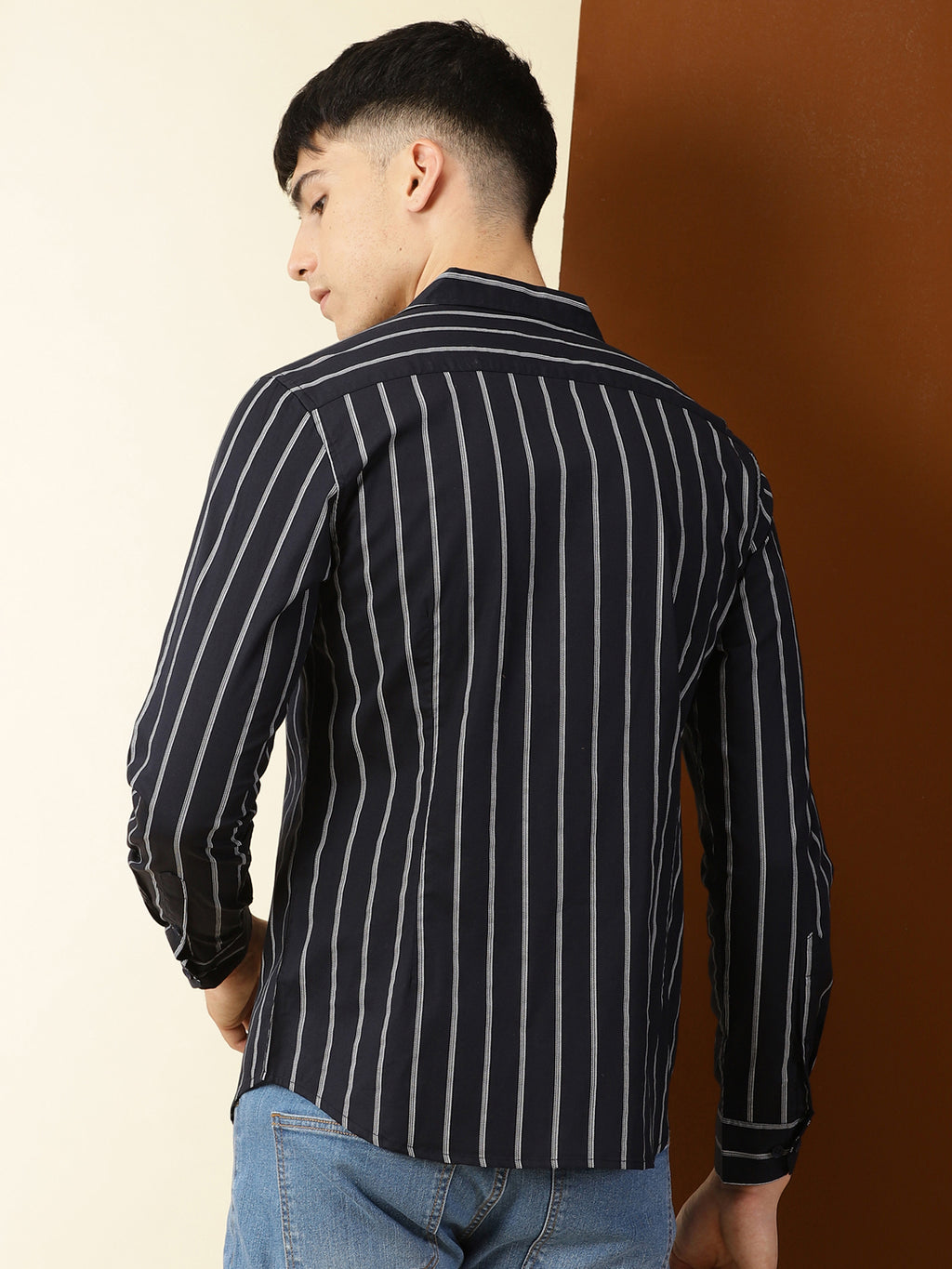 Thomas Scott Men Navy Regular Fit 100% Cotton Vertical Stripes Casual Shirt with Long Sleeves & Cuban Collar