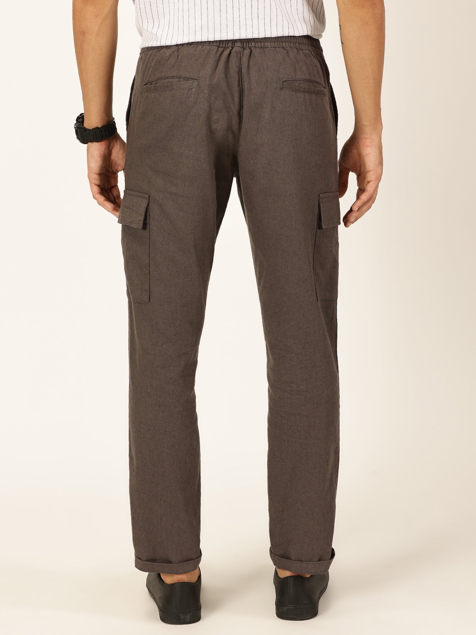Thomas Scott Men Grey Straight Fit Mid-Rise Cotton Linen Solid Woven Cargo Trouser